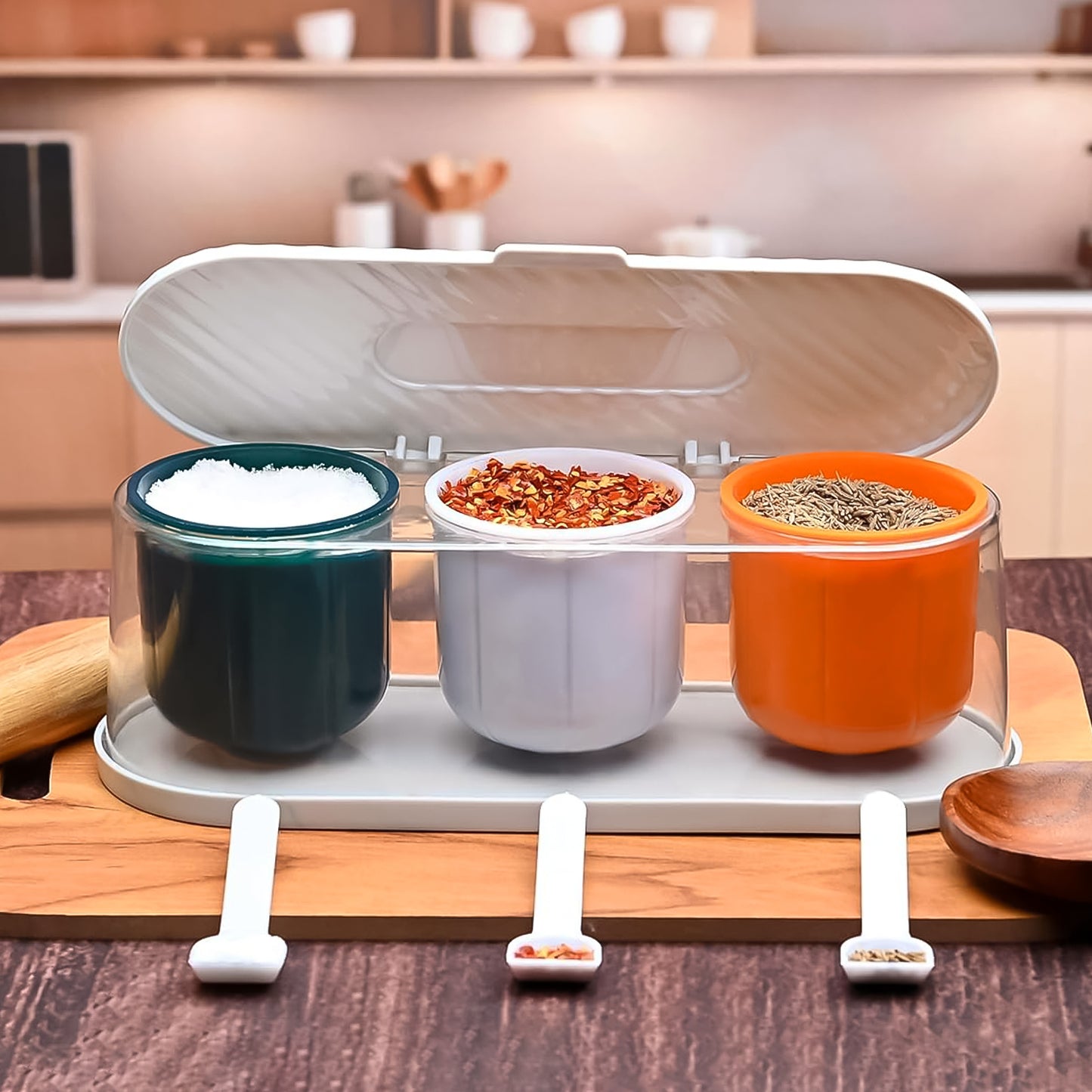 Home Kitchen 3 Grid Seasoning Spice Masala Box Kit With Spoon (Multicolor 1 Set)