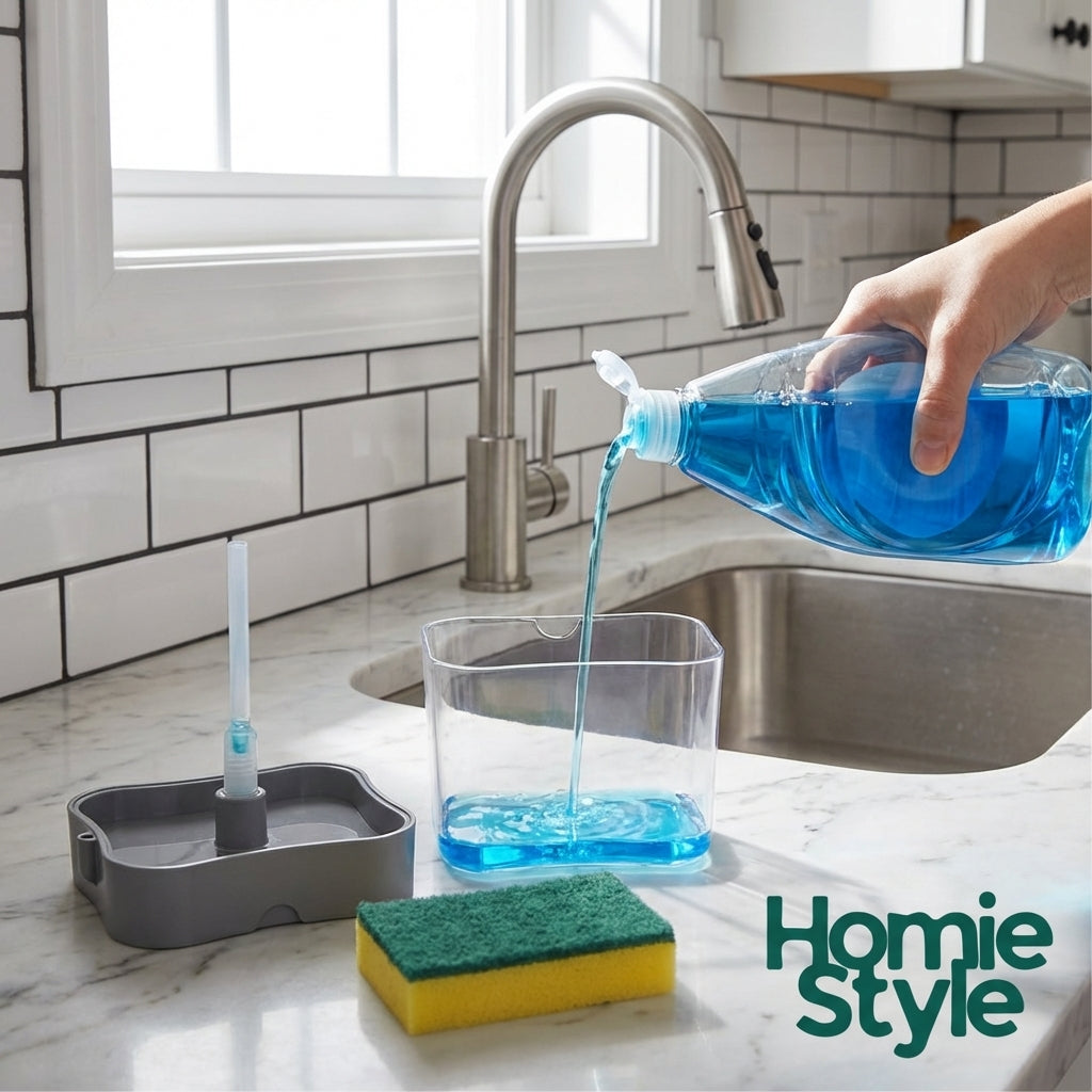 Person pouring blue liquid from a bottle into a container on a kitchen counter with 'Homie Style' branding.