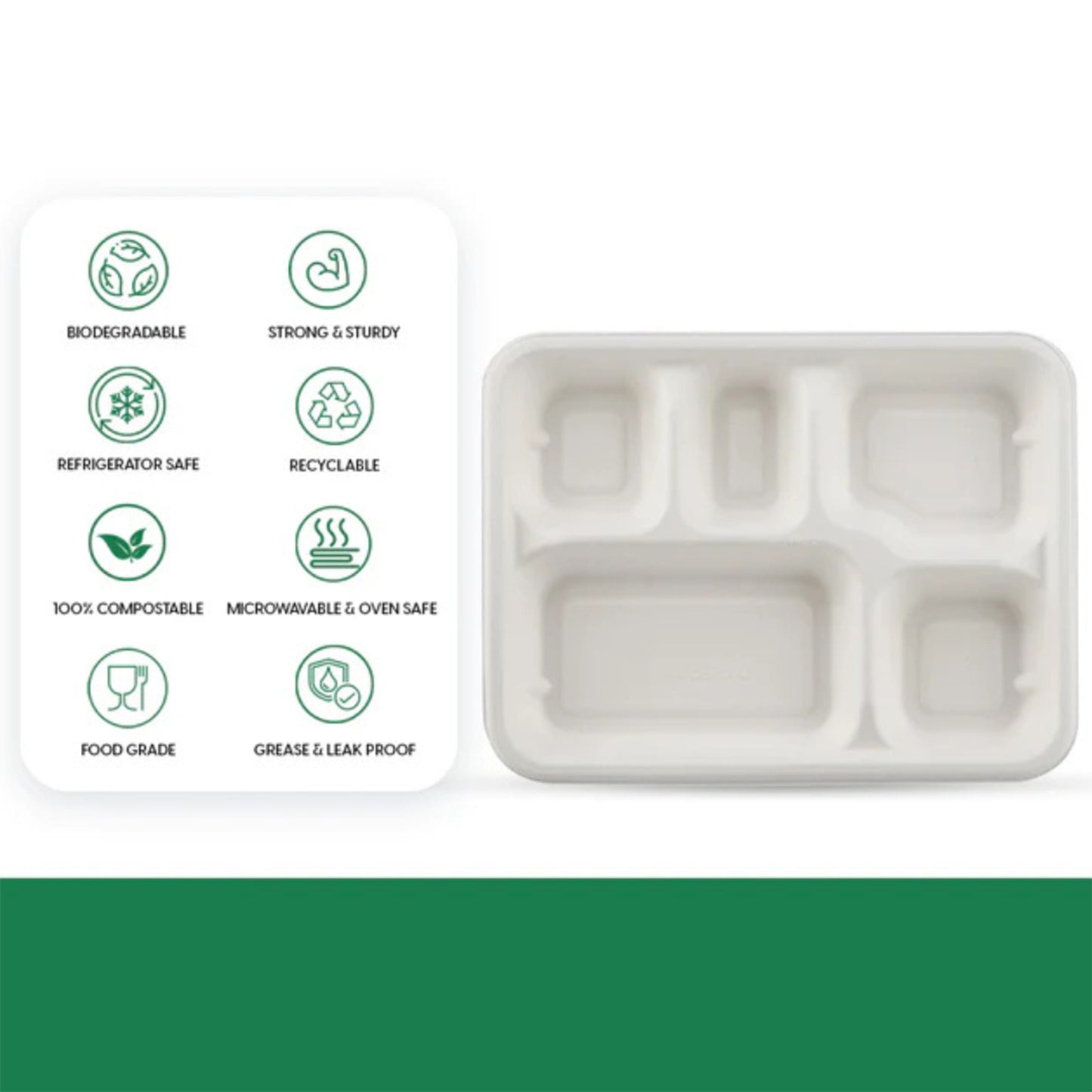 5-compartment Rectangle Lunch Compostable Bagasse Plate  10 Pcs Pack
