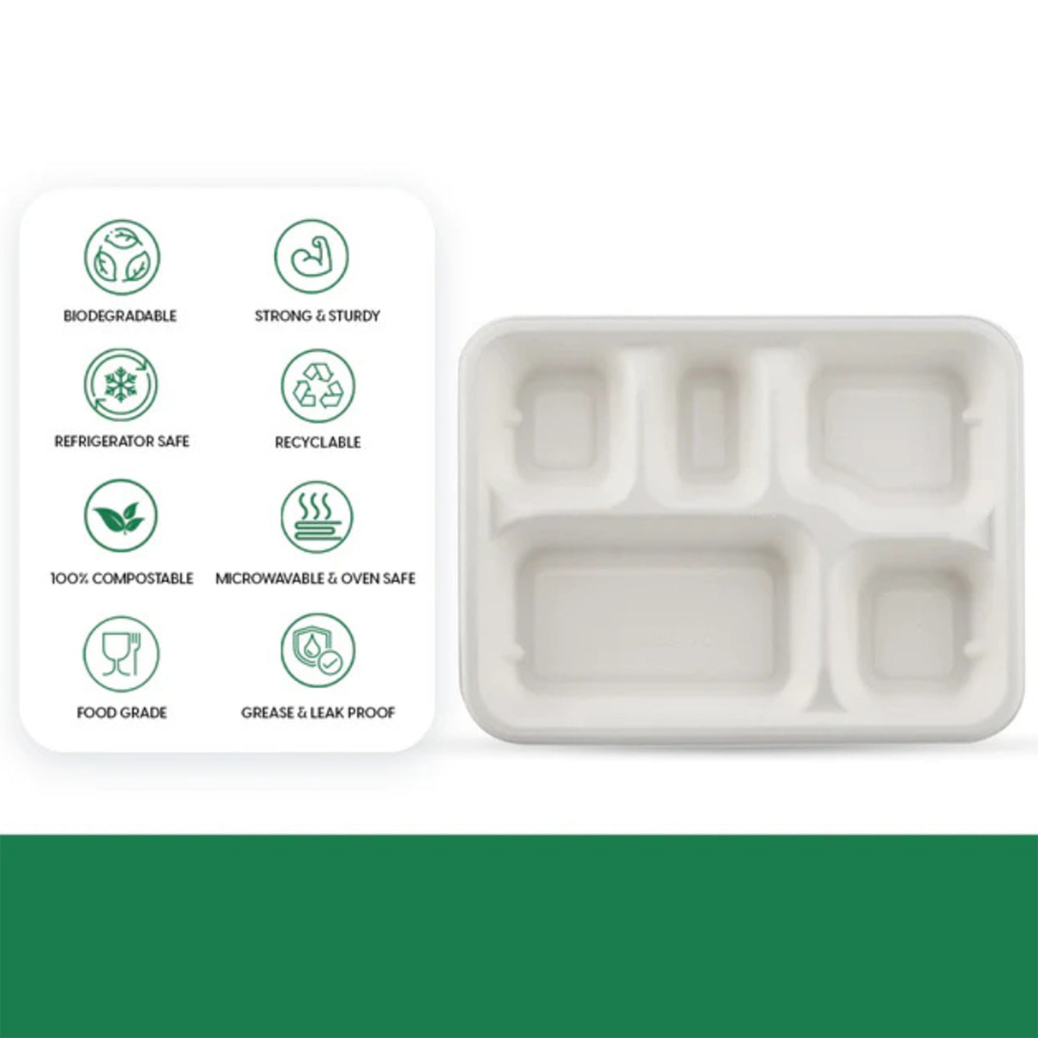 5-compartment Rectangle Lunch Compostable Bagasse Plate  10 Pcs Pack