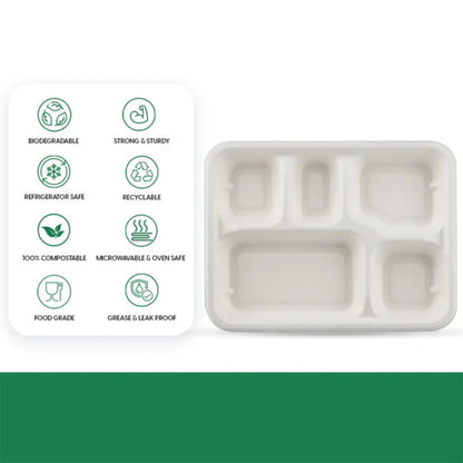 5-compartment Rectangle Lunch Compostable Bagasse Plate  10 Pcs Pack
