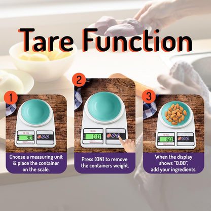Digital kitchen weighing scale showing tare function steps with bowl and almonds, HomieStyle kitchenware.