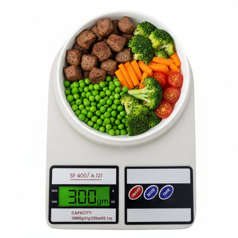 Digital kitchen scale with bowl of peas, broccoli, carrots, tomatoes, and food cubes, 300g