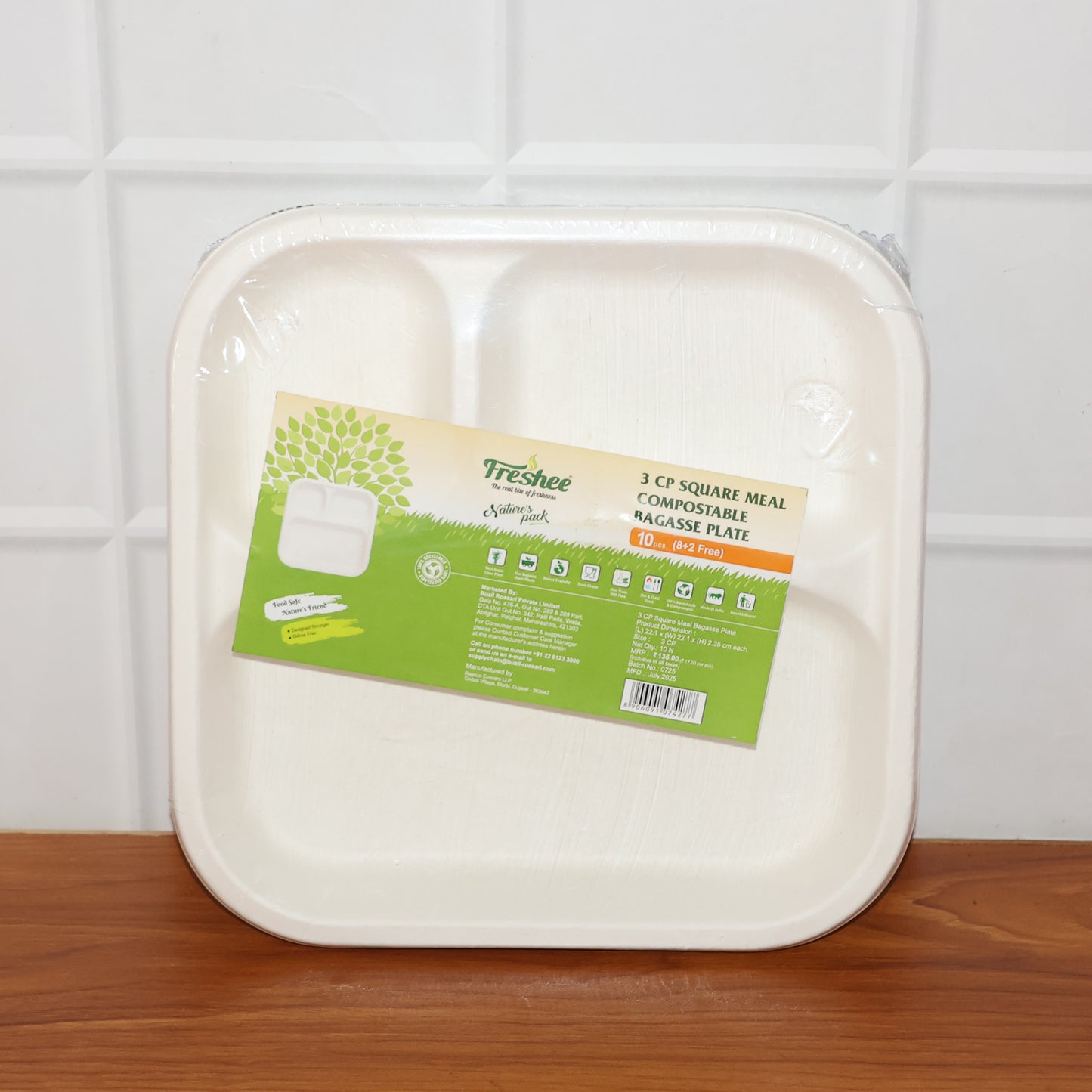 Compostable Bagasse 3-compartment Square Meal Plate