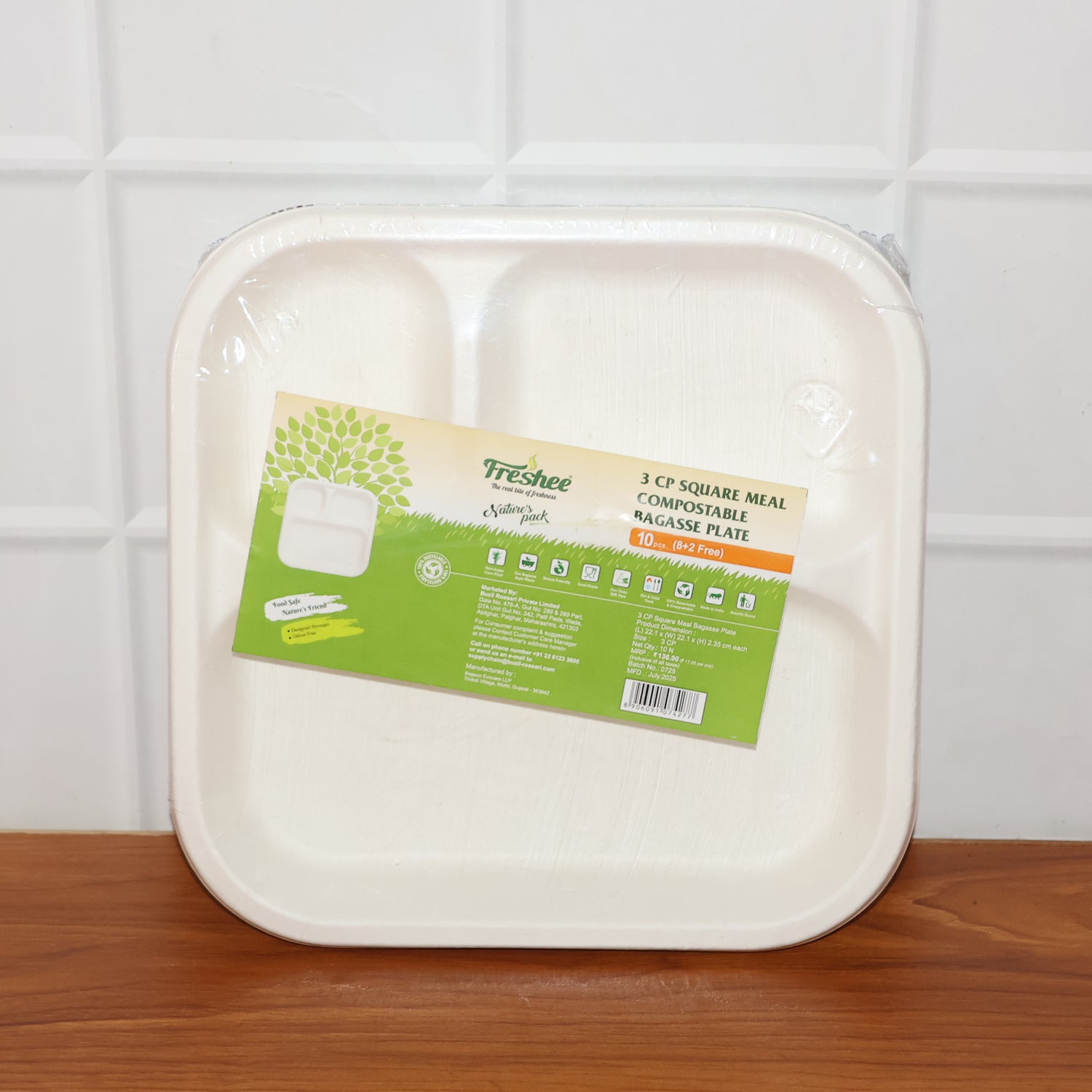 Compostable Bagasse 3-compartment Square Meal Plate