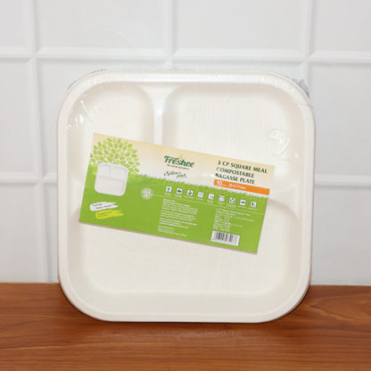 Compostable Bagasse 3-compartment Square Meal Plate
