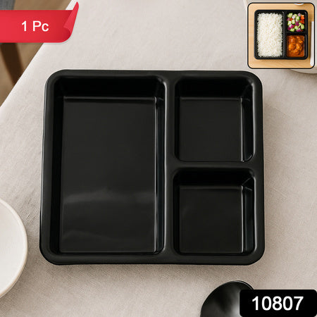 Plastic Multi-compartment Meal Serving Tray  3-section Rectangular Dining Plate (1 Pc  Black)