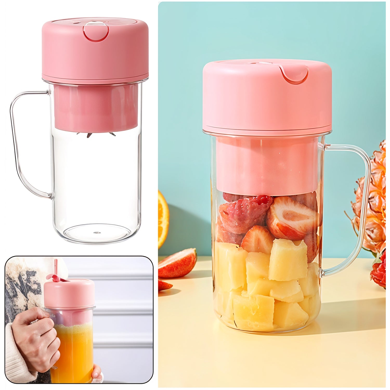 Portable Crusher Juicer With Handle  Straw Usb Rechargeable 6 Blades (420 Ml)