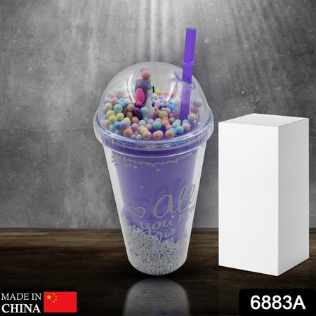 6883a Design Printed Sipper Bottle With Toy Led Glow Light Double Wall Sipper Glass Water Bottle  Sipper Bottle With Straw For Girls And Kids For Boys And Girls Schooltuitiongym (Pack Of 1)