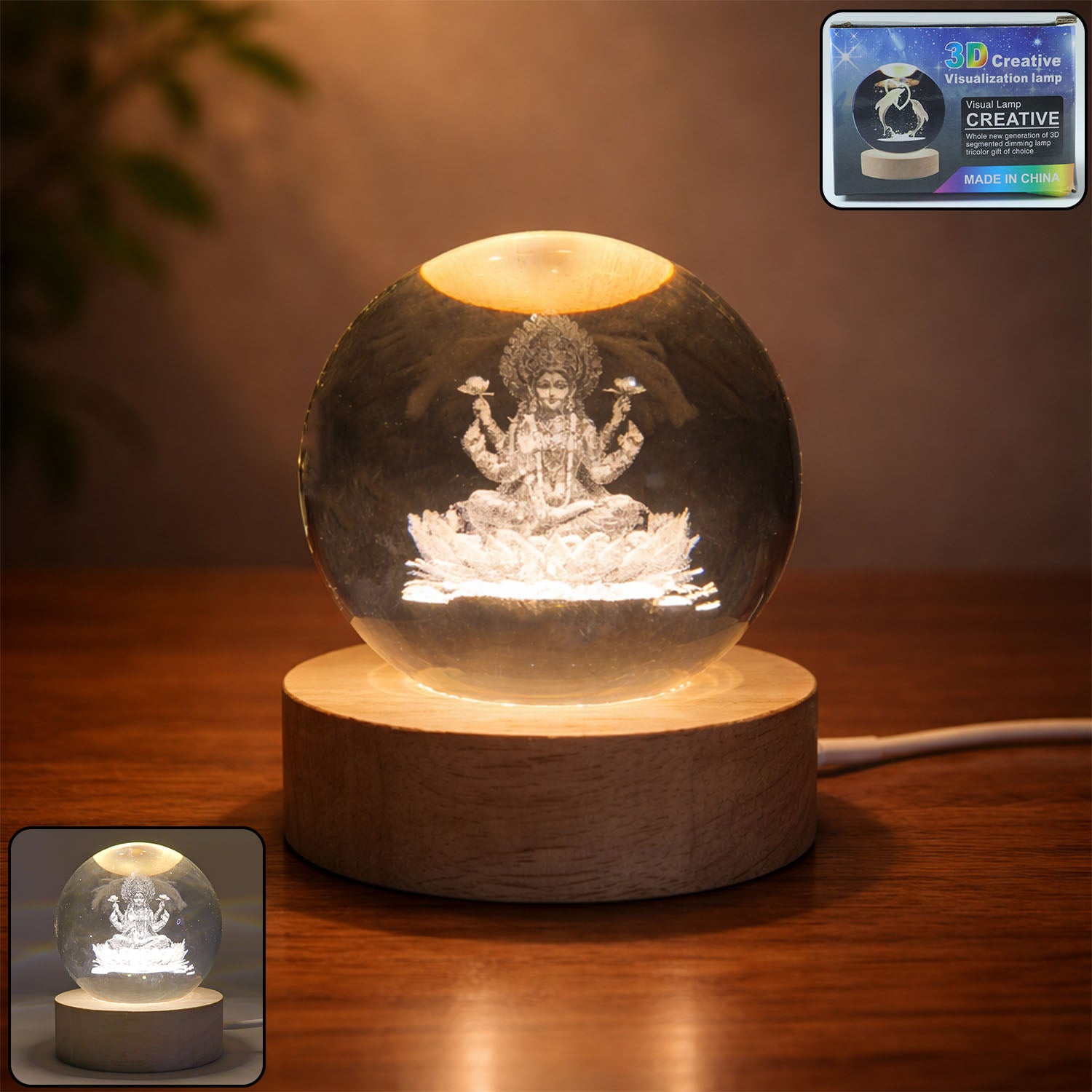 3d Crystal Lakshmi Ball Led Night Lamp With Wooden Base