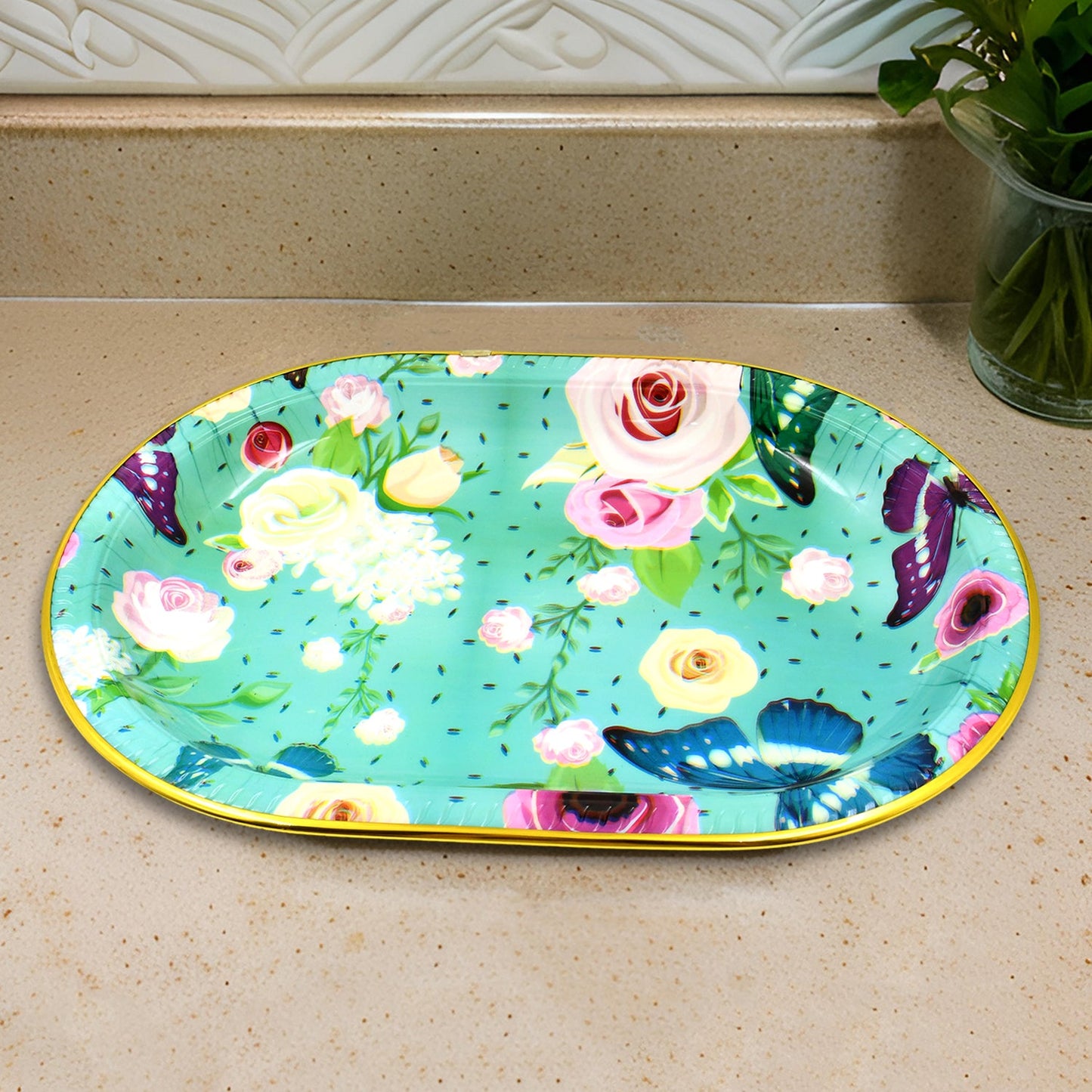 Plastic Flower Printed Design Serving Tray (3 Pcs Set  Mix Color)