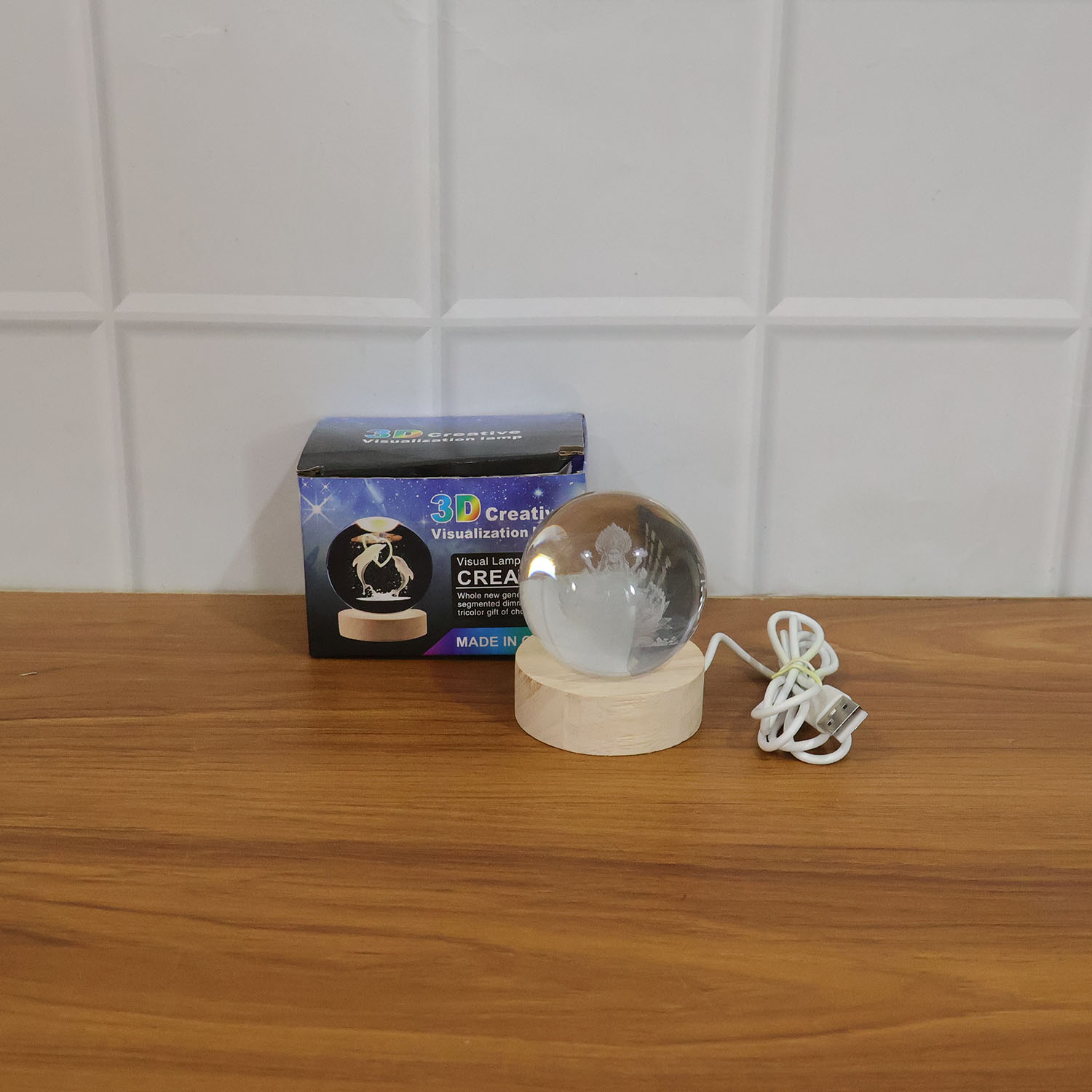 3d Crystal Lakshmi Ball Led Night Lamp With Wooden Base