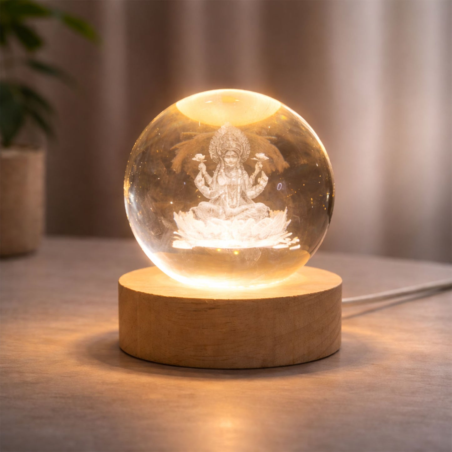 3d Crystal Lakshmi Ball Led Night Lamp With Wooden Base