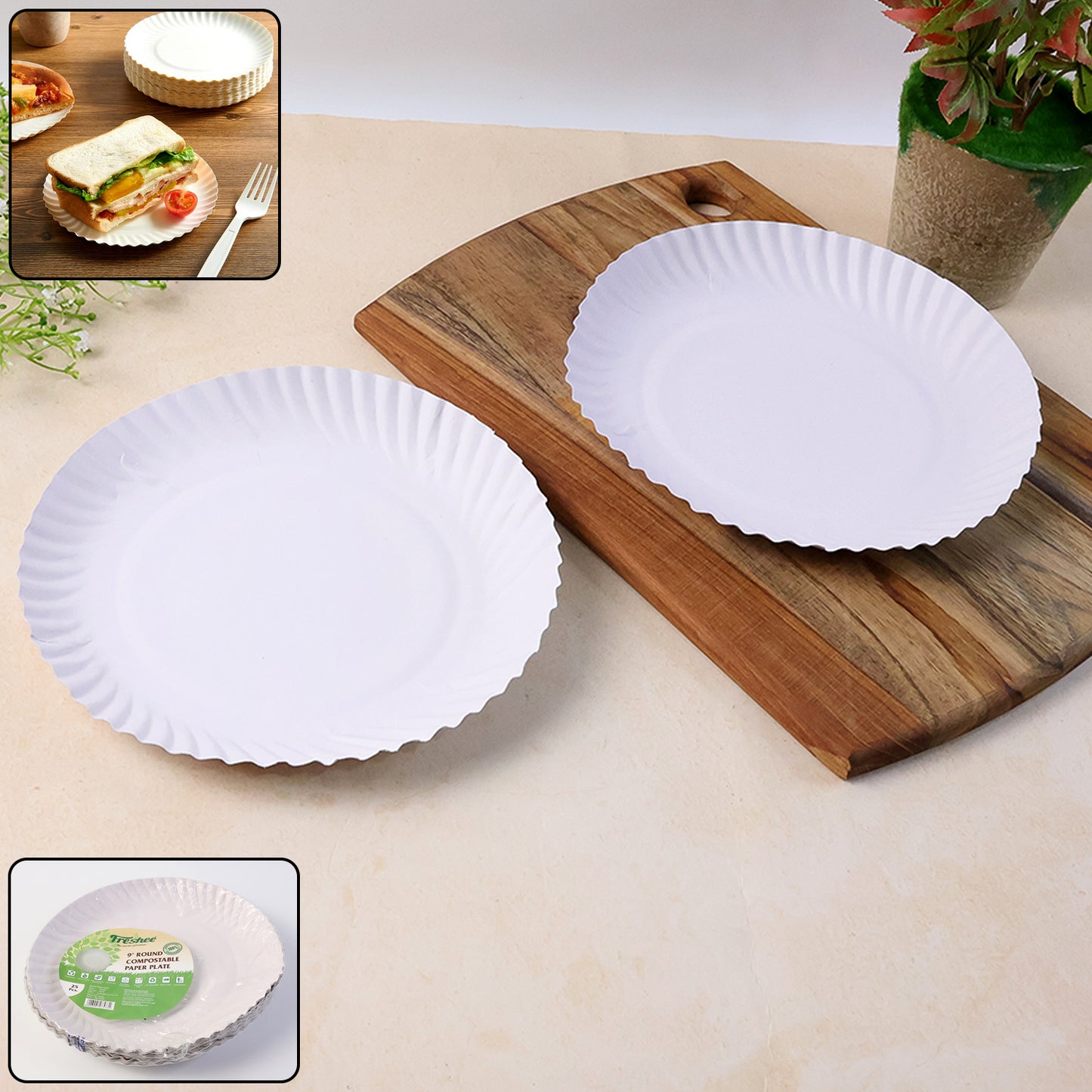 Freshee 9 Inch Round Compostable Paper Plate  25 Pcs Pack