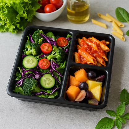 Plastic Multi-compartment Meal Serving Tray  3-section Rectangular Dining Plate (1 Pc  Black)