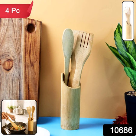 Eco-friendly Bamboo Spatula Set With Holder (4 Pc)