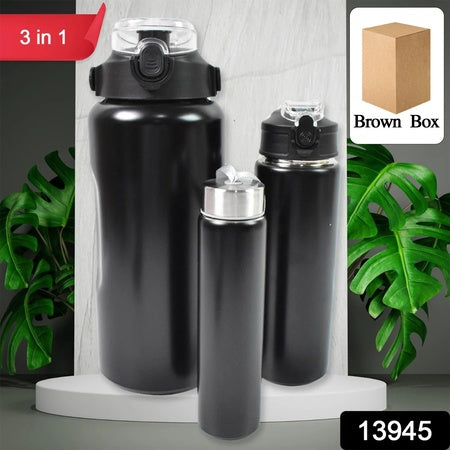 3 In 1 Stainless Steel Insulated Water Bottle Double Wall Vacuum (3 Pcs Set  Different Size)