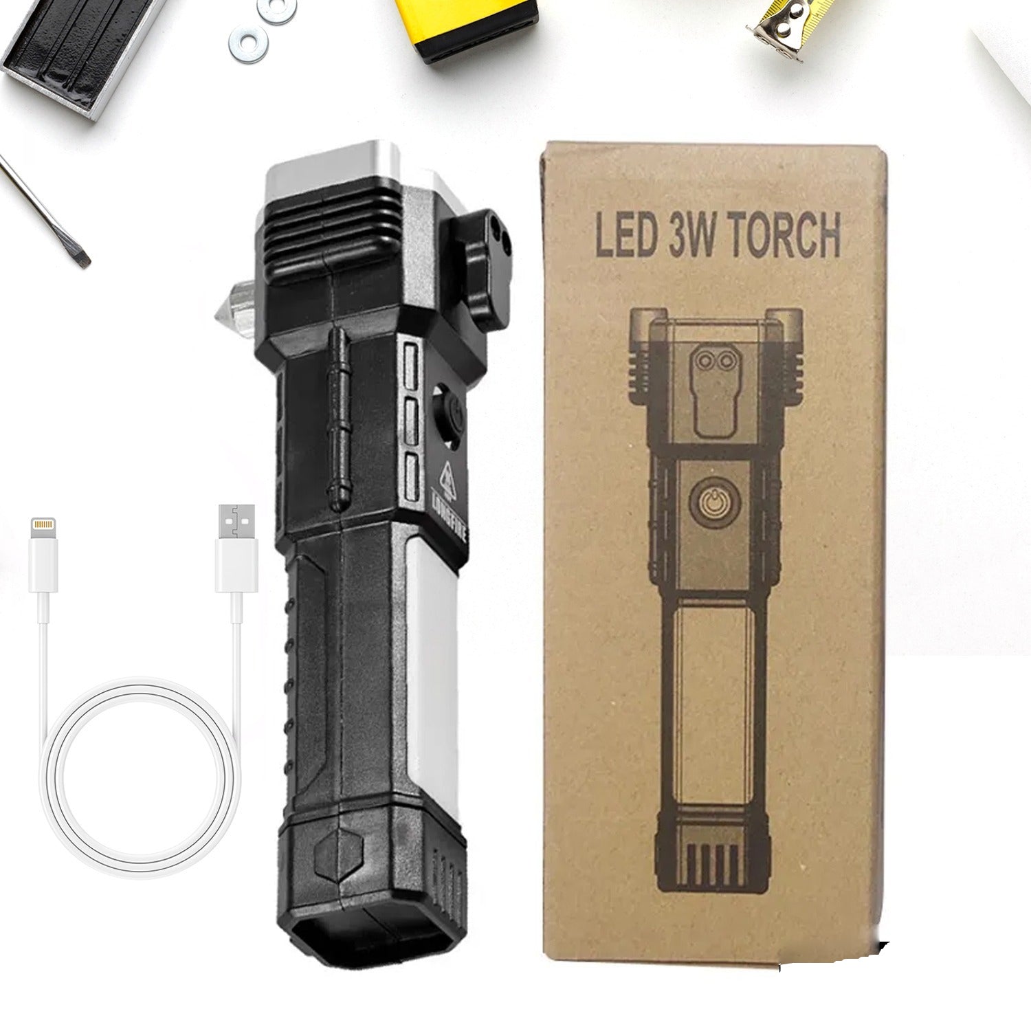 1524 Portable 3w Rechargeable Torch Led Flashlight Long Distance Beam Range Hammer And Strong Magnets Window Glass And Seat Belt Cutter 4 Modes For Car Camping Hiking Indoor Outdoor