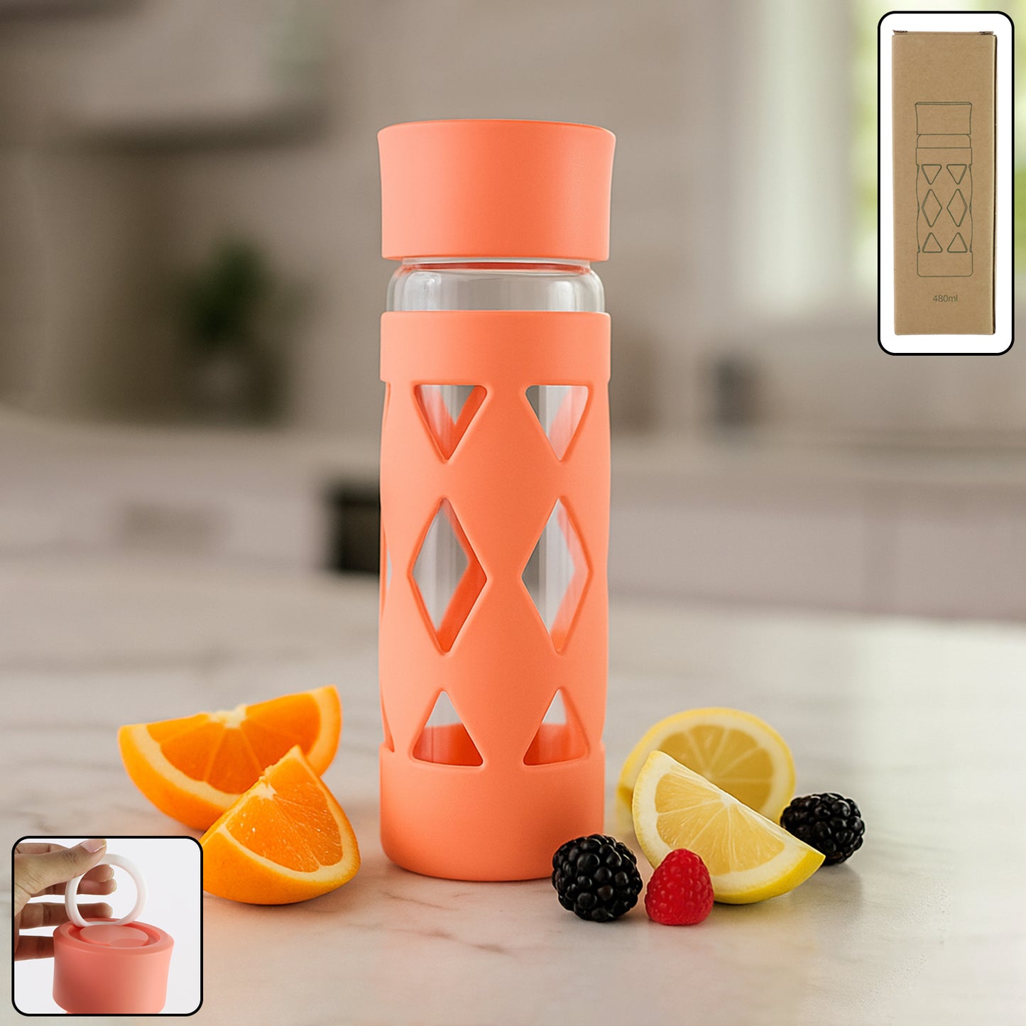 Glass Water Bottle With Protective Sleeve - (1 Pc  480 Ml)
